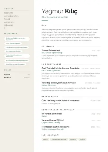 Okul Öncesi Öğretmeni Öğretmenliği Cv Örnekleri cv indir